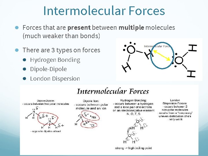 Intermolecular Forces ● Forces that are present between multiple molecules (much weaker than bonds)