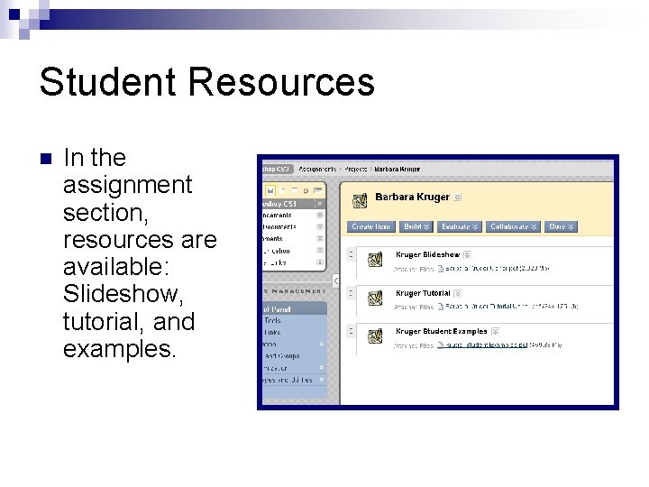 Student Resources n In the assignment section, resources are available: Slideshow, tutorial, and examples.