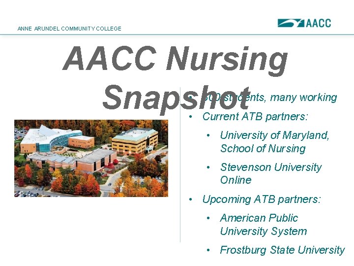 ANNE ARUNDEL COMMUNITY COLLEGE AACC Nursing Snapshot • 300 students, many working • Current