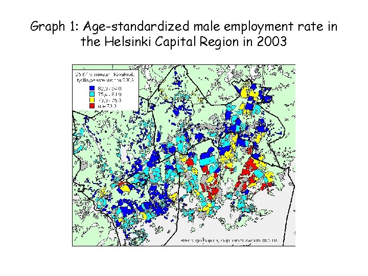 Graph 1: Age-standardized male employment rate in the Helsinki Capital Region in 2003 