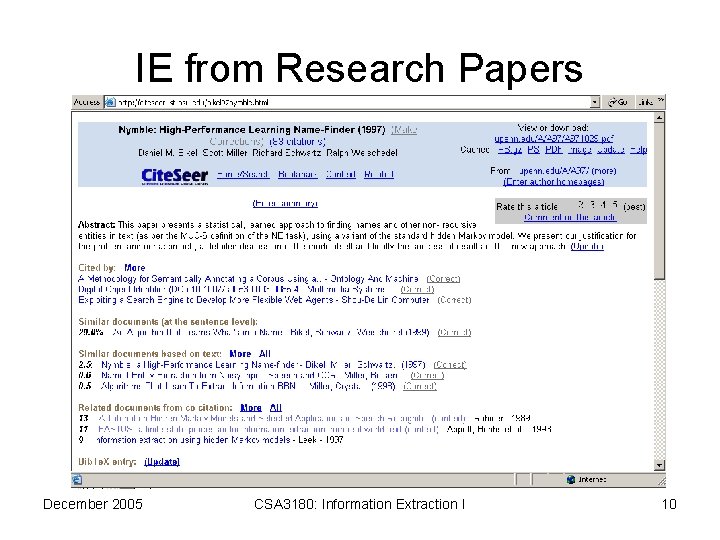 IE from Research Papers December 2005 CSA 3180: Information Extraction I 10 
