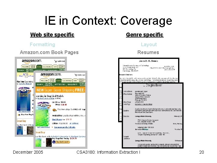 IE in Context: Coverage Web site specific Genre specific Formatting Layout Amazon. com Book