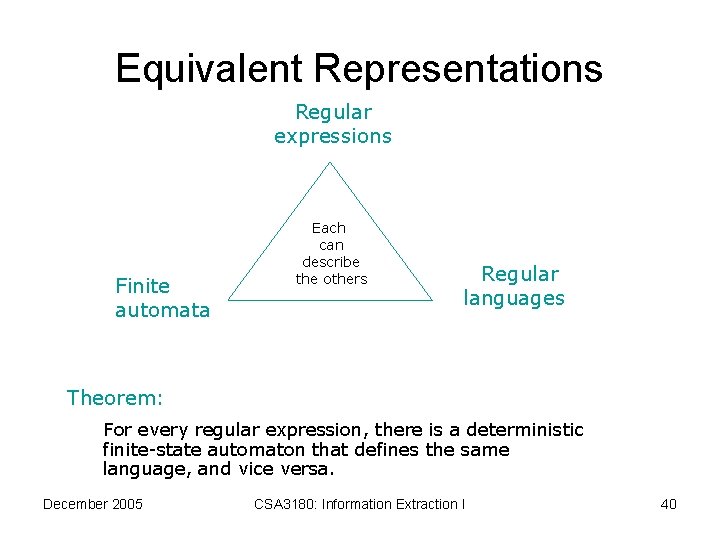 Equivalent Representations Regular expressions Finite automata Each can describe the others Regular languages Theorem: