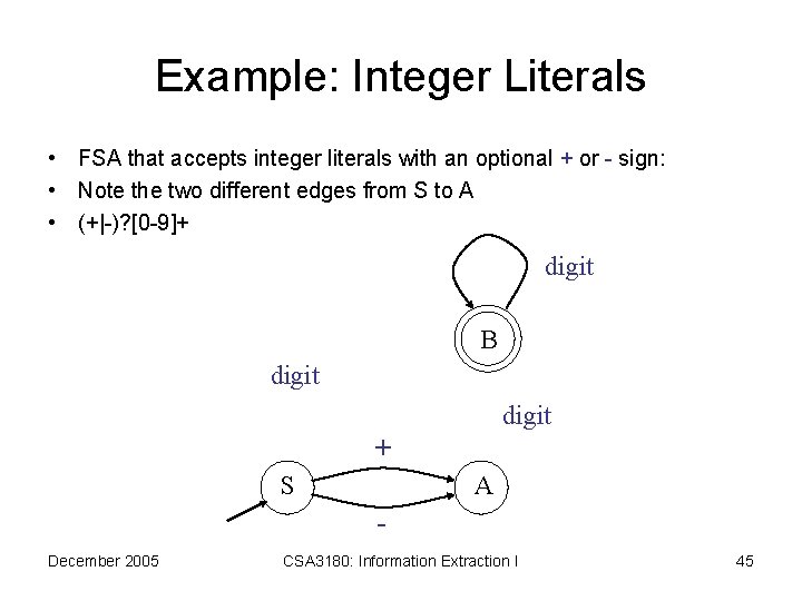 Example: Integer Literals • FSA that accepts integer literals with an optional + or