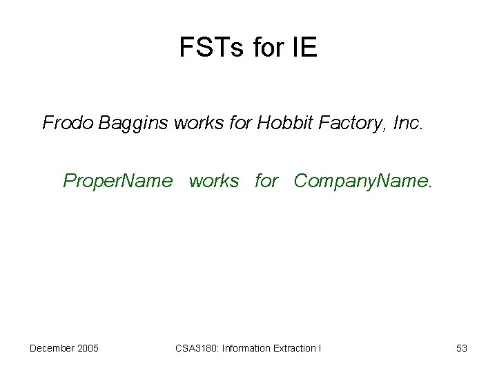 FSTs for IE Frodo Baggins works for Hobbit Factory, Inc. Proper. Name works for