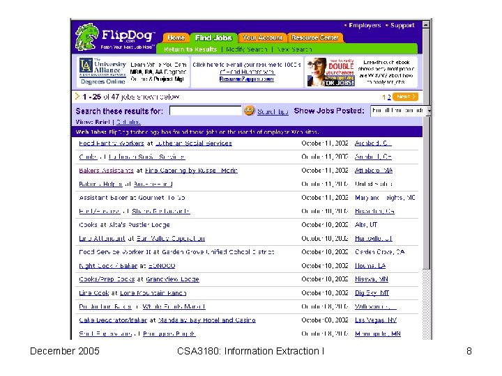 December 2005 CSA 3180: Information Extraction I 8 