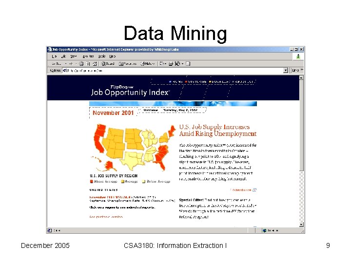 Data Mining December 2005 CSA 3180: Information Extraction I 9 