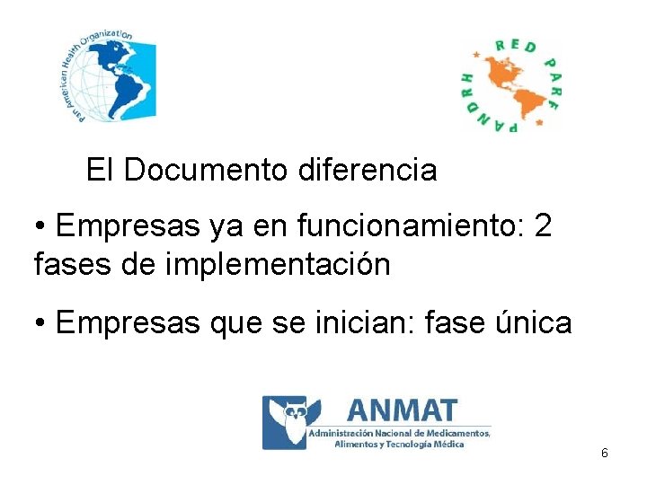 El Documento diferencia • Empresas ya en funcionamiento: 2 fases de implementación • Empresas