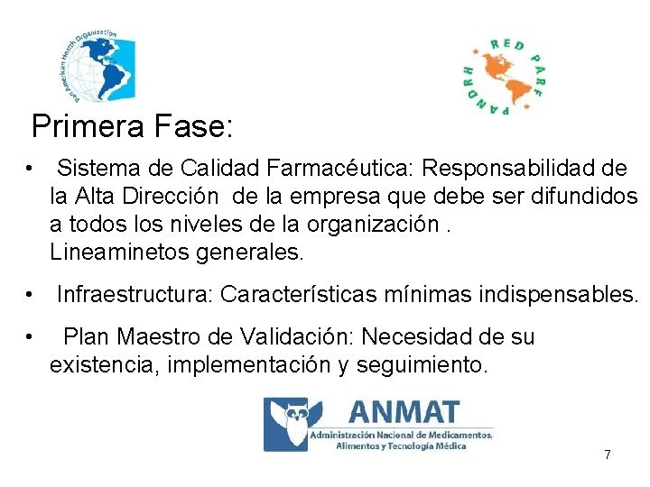 Primera Fase: • Sistema de Calidad Farmacéutica: Responsabilidad de la Alta Dirección de la