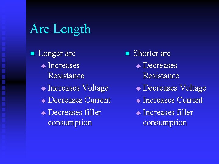 Arc Length n Longer arc u Increases Resistance u Increases Voltage u Decreases Current