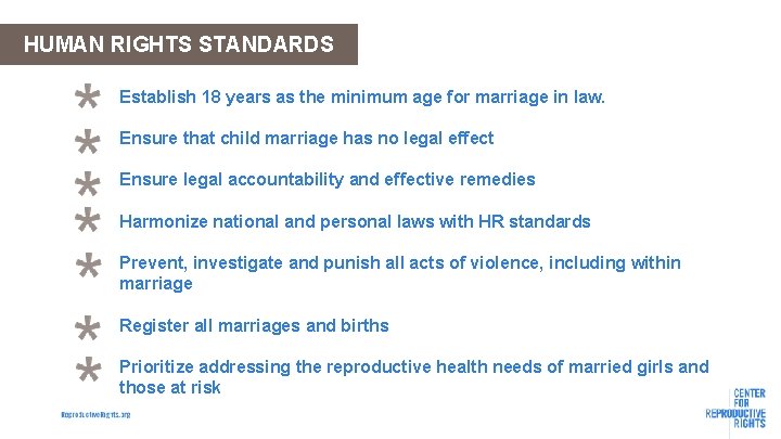 HUMAN RIGHTS STANDARDS Establish 18 years as the minimum age for marriage in law.