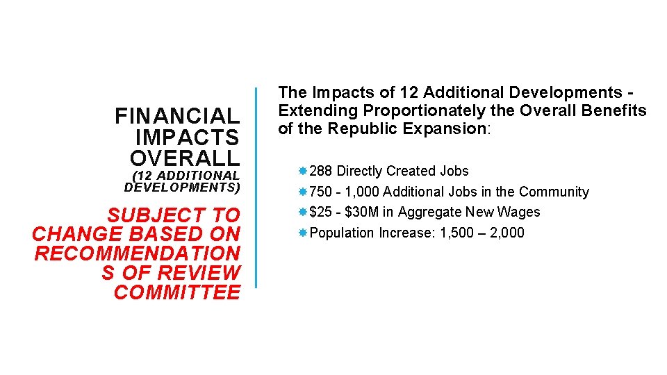 FINANCIAL IMPACTS OVERALL (12 ADDITIONAL DEVELOPMENTS) SUBJECT TO CHANGE BASED ON RECOMMENDATION S OF
