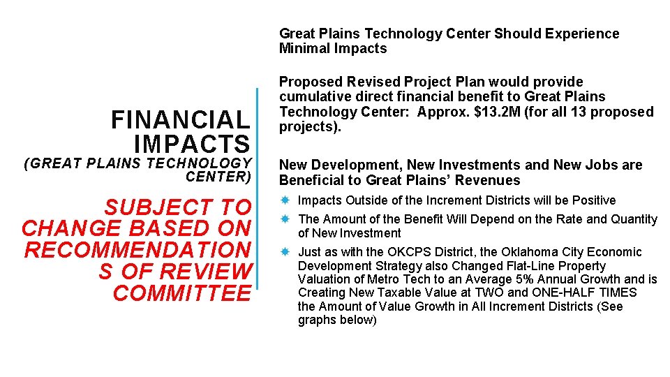 Great Plains Technology Center Should Experience Minimal Impacts FINANCIAL IMPACTS Proposed Revised Project Plan