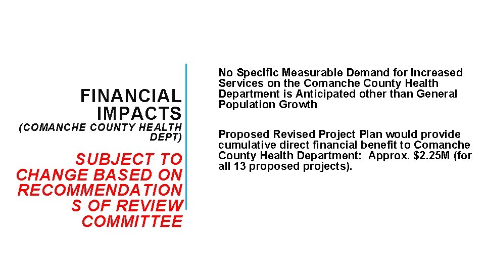 FINANCIAL IMPACTS (COMANCHE COUNTY HEALTH DEPT) SUBJECT TO CHANGE BASED ON RECOMMENDATION S OF