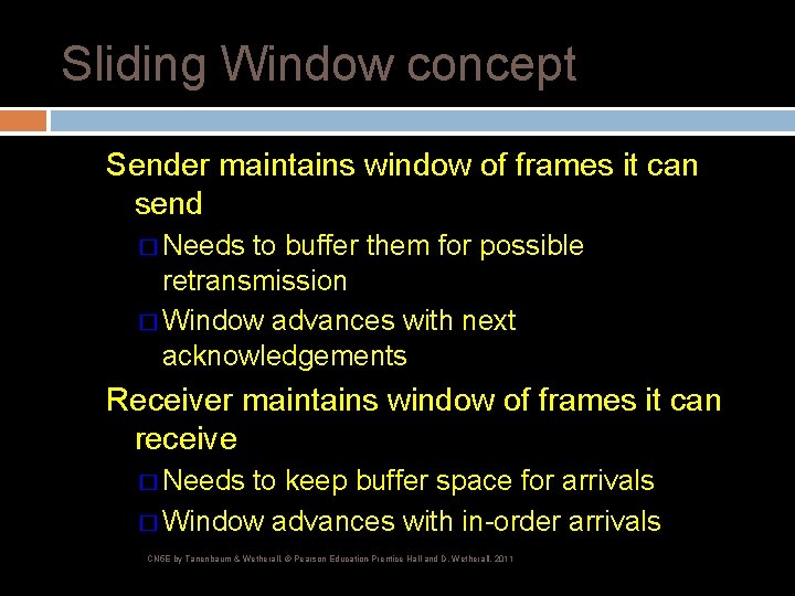 Sliding Window concept Sender maintains window of frames it can send � Needs to