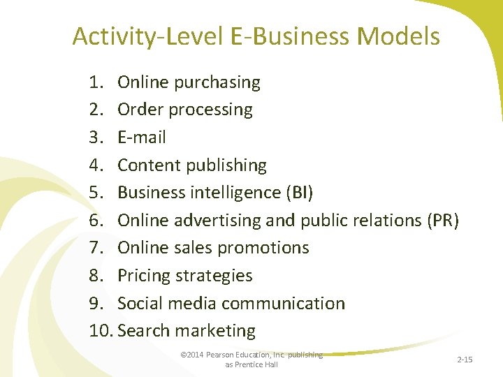 Activity-Level E-Business Models 1. Online purchasing 2. Order processing 3. E-mail 4. Content publishing