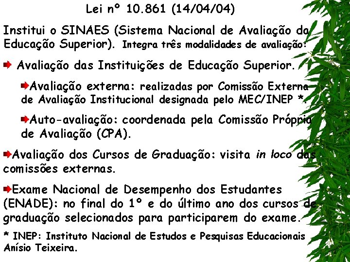 Lei nº 10. 861 (14/04/04) Institui o SINAES (Sistema Nacional de Avaliação da Educação