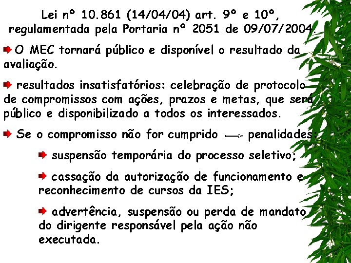 Lei nº 10. 861 (14/04/04) art. 9º e 10º, regulamentada pela Portaria nº 2051