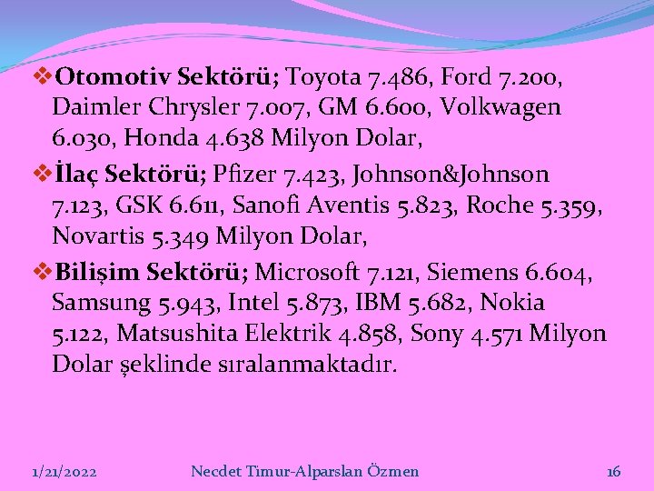 v. Otomotiv Sektörü; Toyota 7. 486, Ford 7. 200, Daimler Chrysler 7. 007, GM