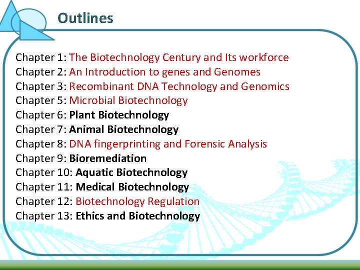 Outlines Chapter 1: The Biotechnology Century and Its workforce Chapter 2: An Introduction to