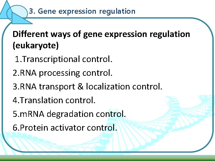 3. Gene expression regulation Different ways of gene expression regulation (eukaryote) 1. Transcriptional control.