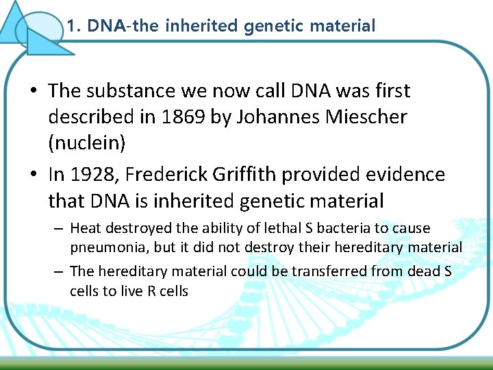 1. DNA-the inherited genetic material • The substance we now call DNA was first