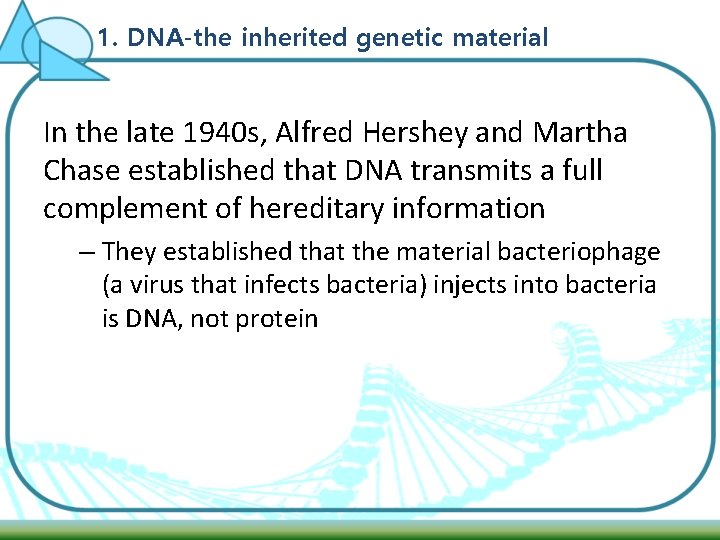 1. DNA-the inherited genetic material In the late 1940 s, Alfred Hershey and Martha