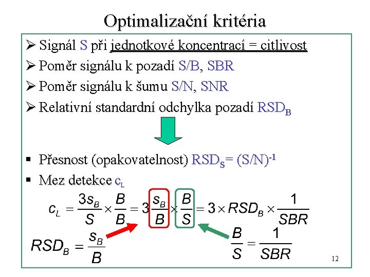 Optimalizační kritéria Ø Signál S při jednotkové koncentrací = citlivost Ø Poměr signálu k