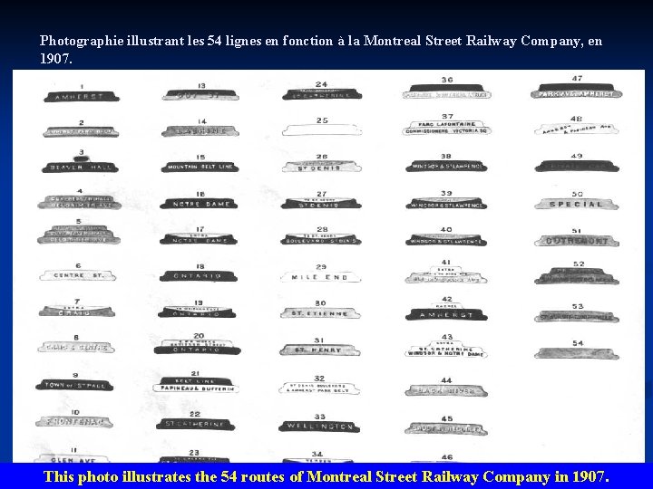 Photographie illustrant les 54 lignes en fonction à la Montreal Street Railway Company, en