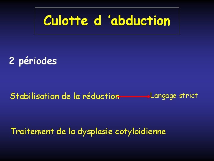 Culotte d ’abduction 2 périodes Stabilisation de la réduction Langage strict Traitement de la Culotte d ’abduction 2 périodes Stabilisation de la réduction Langage strict Traitement de la