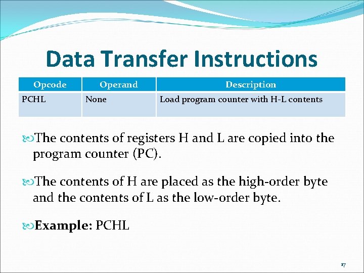 Data Transfer Instructions Opcode PCHL Operand None Description Load program counter with H-L contents