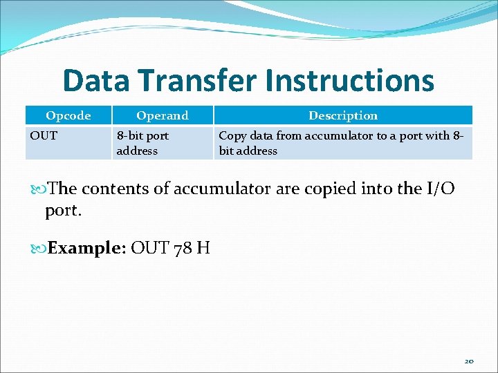 Data Transfer Instructions Opcode OUT Operand 8 -bit port address Description Copy data from