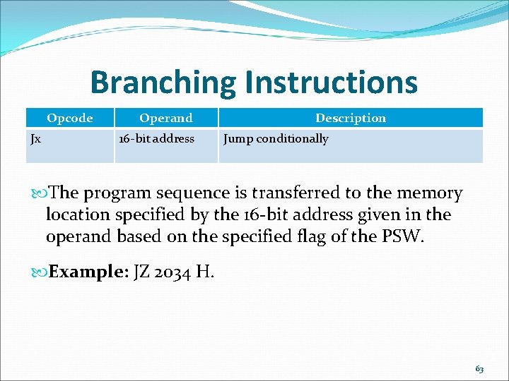 Branching Instructions Opcode Jx Operand 16 -bit address Description Jump conditionally The program sequence