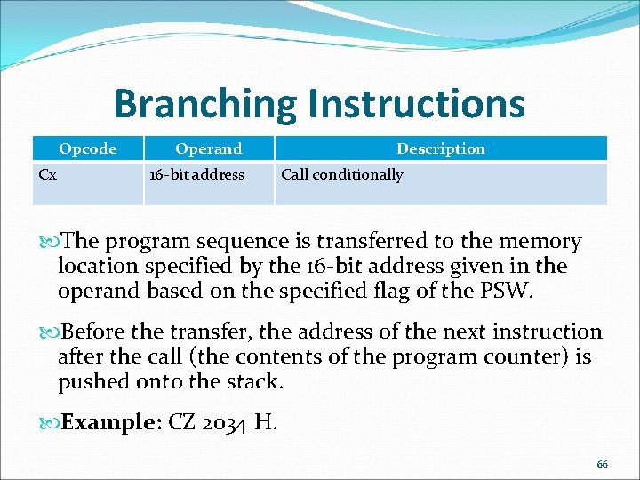 Branching Instructions Opcode Cx Operand 16 -bit address Description Call conditionally The program sequence
