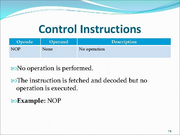 Control Instructions Opcode NOP Operand None Description No operation is performed. The instruction is