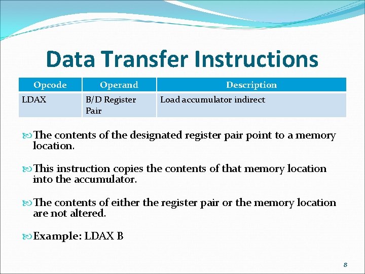 Data Transfer Instructions Opcode LDAX Operand B/D Register Pair Description Load accumulator indirect The