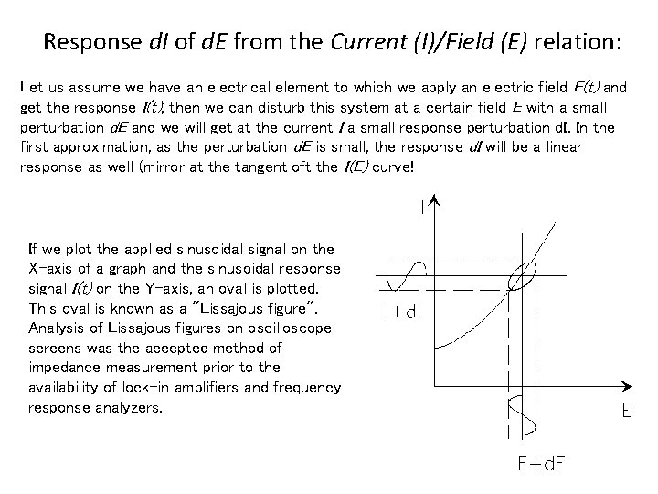 Response d. I of d. E from the Current (I)/Field (E) relation: Let us