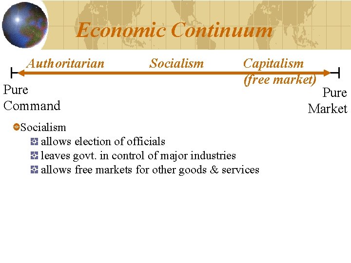 Economic Continuum Authoritarian Pure Command Socialism Capitalism (free market) Socialism allows election of officials