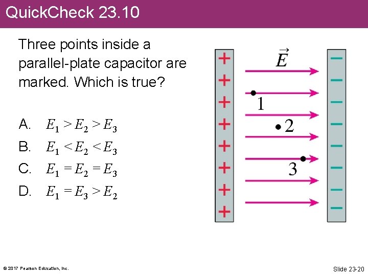 Quick. Check 23. 10 Three points inside a parallel-plate capacitor are marked. Which is