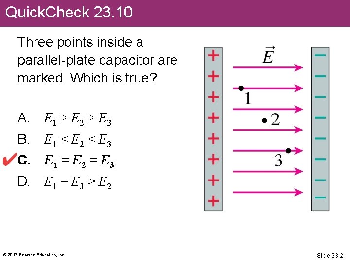 Quick. Check 23. 10 Three points inside a parallel-plate capacitor are marked. Which is