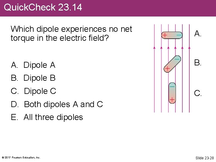 Quick. Check 23. 14 Which dipole experiences no net torque in the electric field?