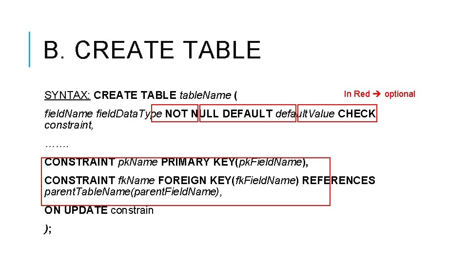 B. CREATE TABLE SYNTAX: CREATE TABLE table. Name ( In Red optional field. Name