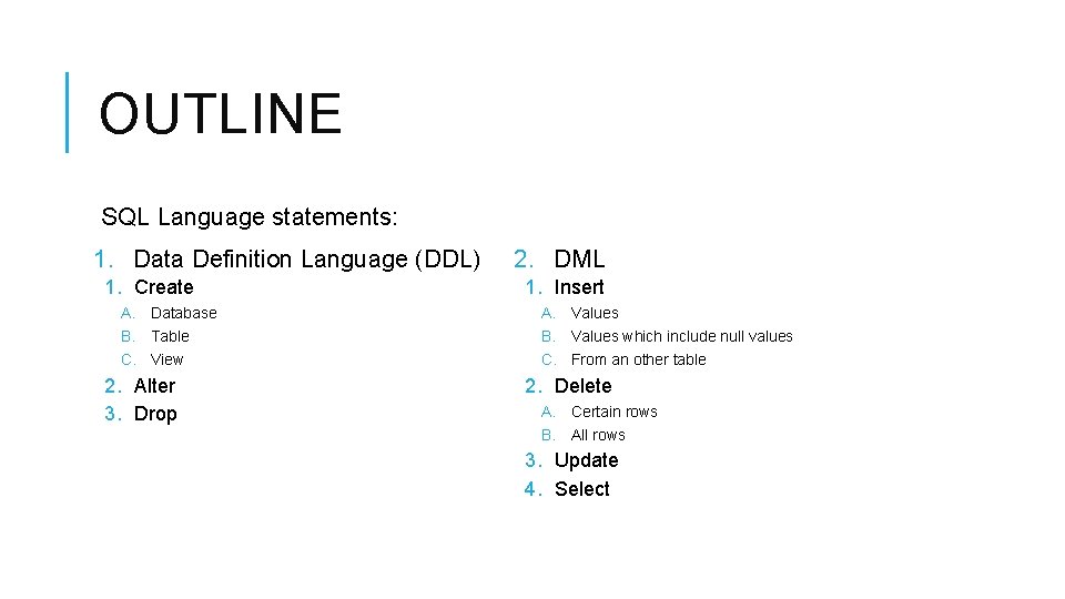 OUTLINE SQL Language statements: 1. Data Definition Language (DDL) 1. Create A. Database B.