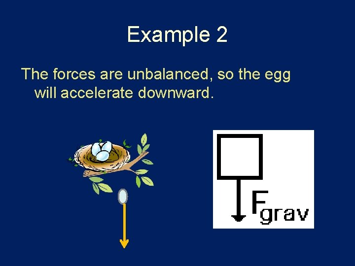 Example 2 The forces are unbalanced, so the egg will accelerate downward. 