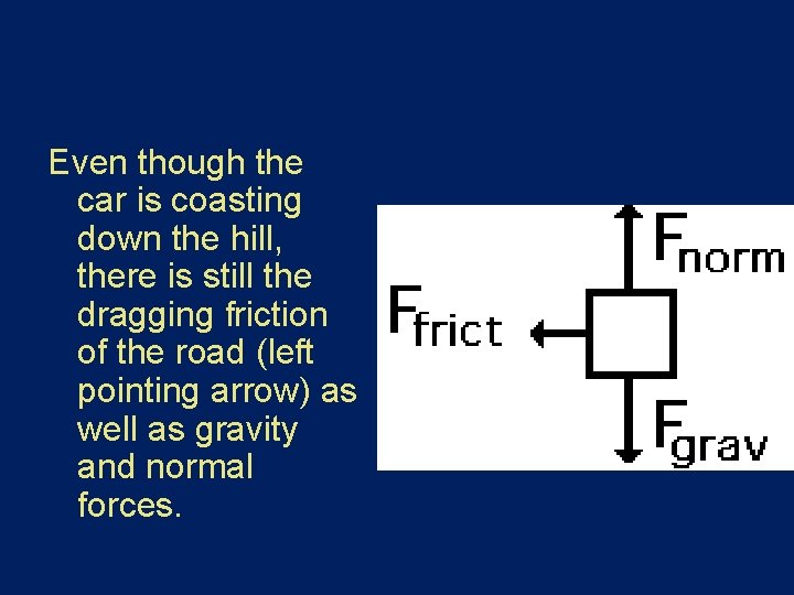 Even though the car is coasting down the hill, there is still the dragging