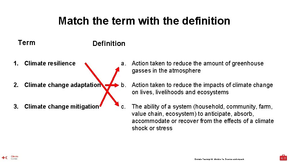 Match the term with the definition Term Definition 1. Climate resilience a. Action taken