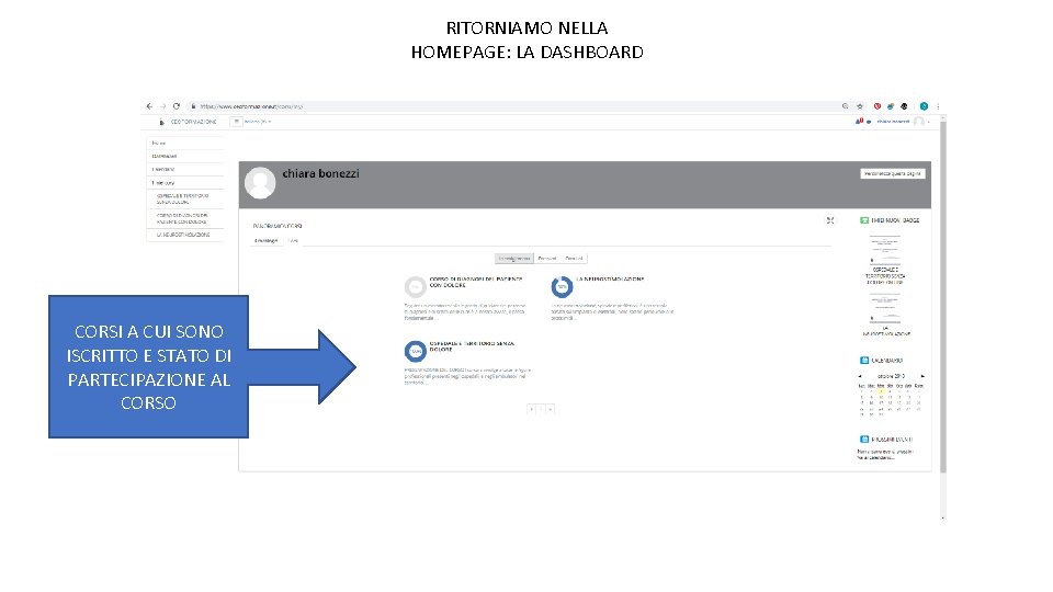 RITORNIAMO NELLA HOMEPAGE: LA DASHBOARD CORSI A CUI SONO ISCRITTO E STATO DI PARTECIPAZIONE