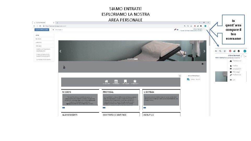 SIAMO ENTRATI! ESPLORIAMO LA NOSTRA AREA PERSONALE In quest’area compare il tuo username 