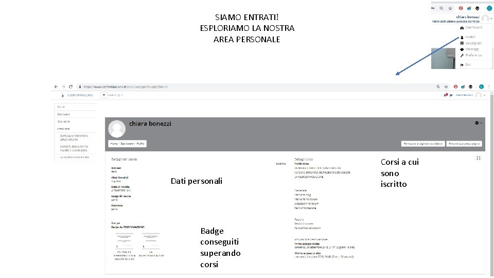 SIAMO ENTRATI! ESPLORIAMO LA NOSTRA AREA PERSONALE Dati personali Badge conseguiti superando corsi Corsi