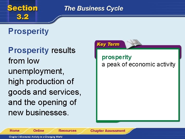 Prosperity results from low unemployment, high production of goods and services, and the opening